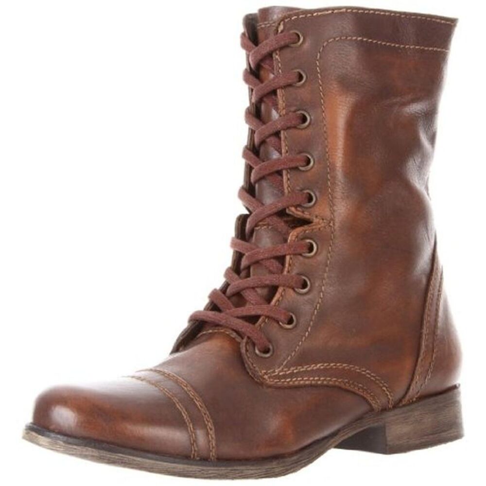 Steve Madden Womens Troopa Brown Leather Textured Combat Boots Shoes NWT